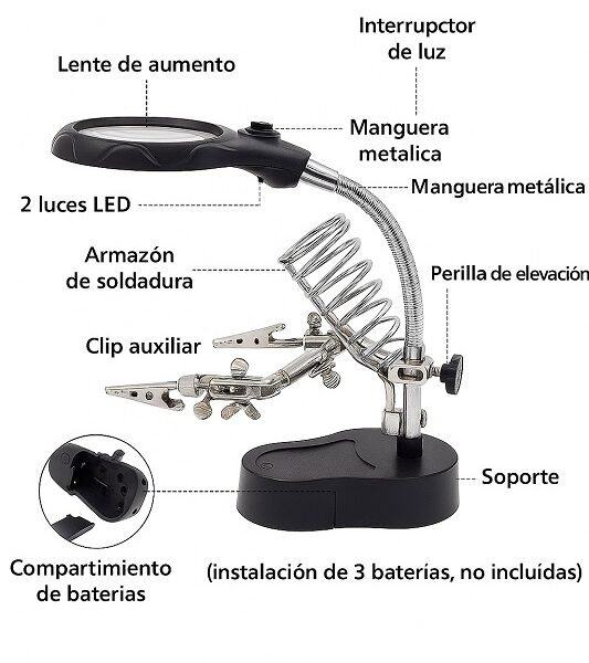 lupa de mesa con agarres para soldar + luz led modelo cod16126a