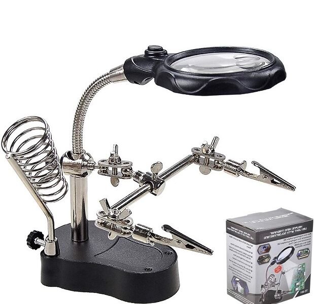 lupa de mesa con agarres para soldar + luz led modelo cod16126a