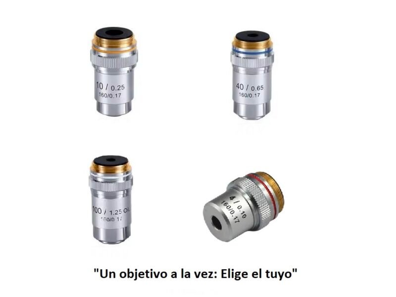objetivos para microscopios aumentos 4x,10x, 40x y 100x